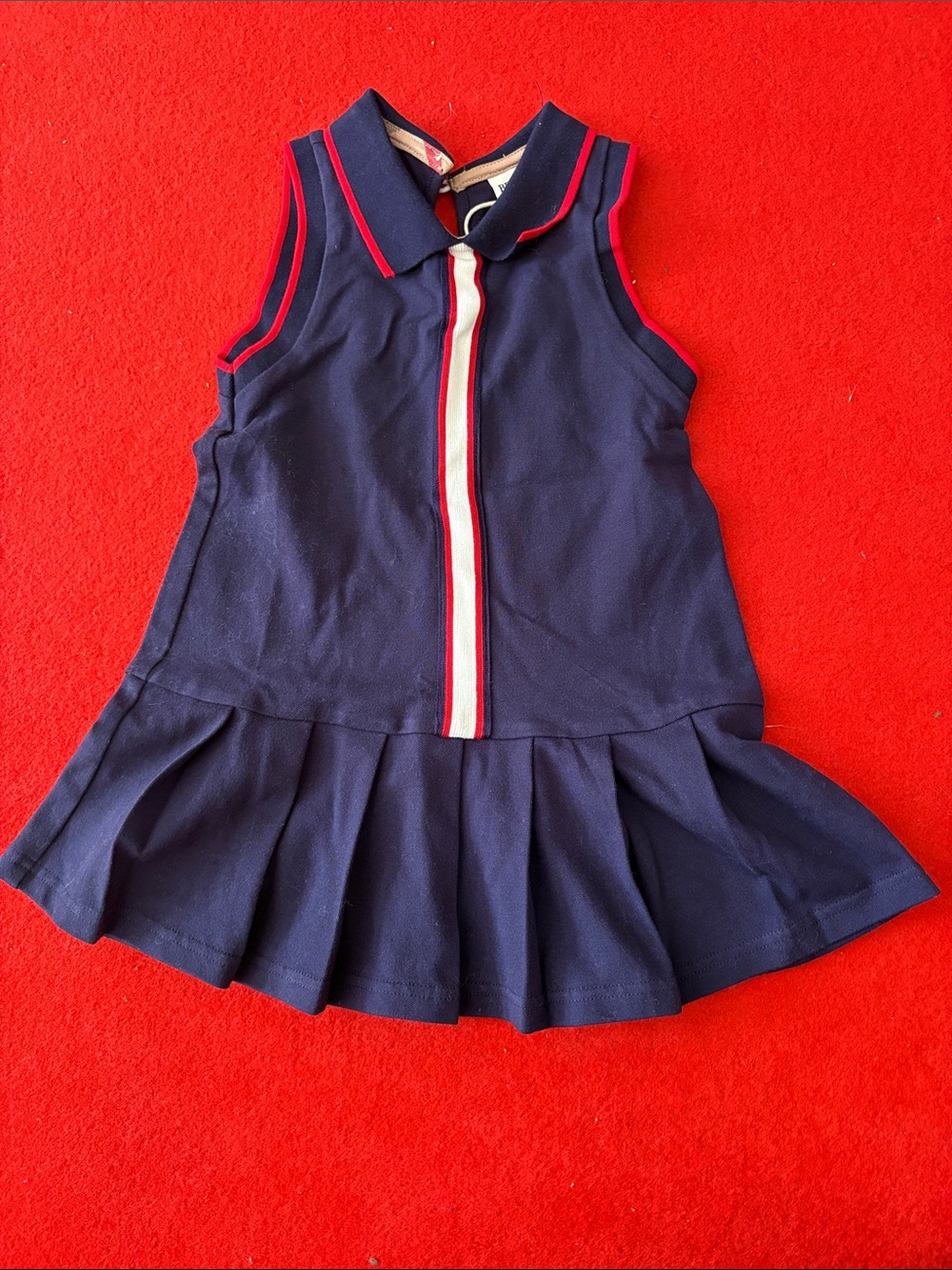 Girls Navy Sleeveless Polo Dress with Red and White Trim